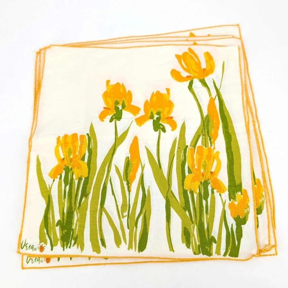 Vera Neumann Vintage Yellow Iris Floral Cloth Napkins Set of 8 Mid Century 16